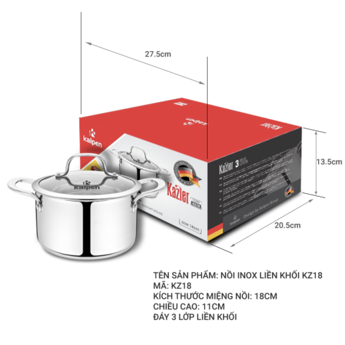 Nồi Inox 304 liền khối Kalpen Kazler KZ18